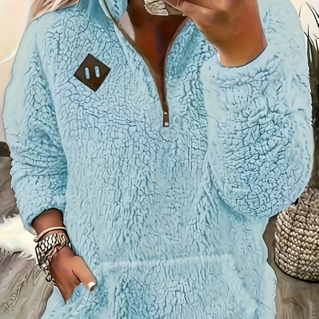 Women's winter fleece quarter zip sweater with half-zip closure in Light Blue