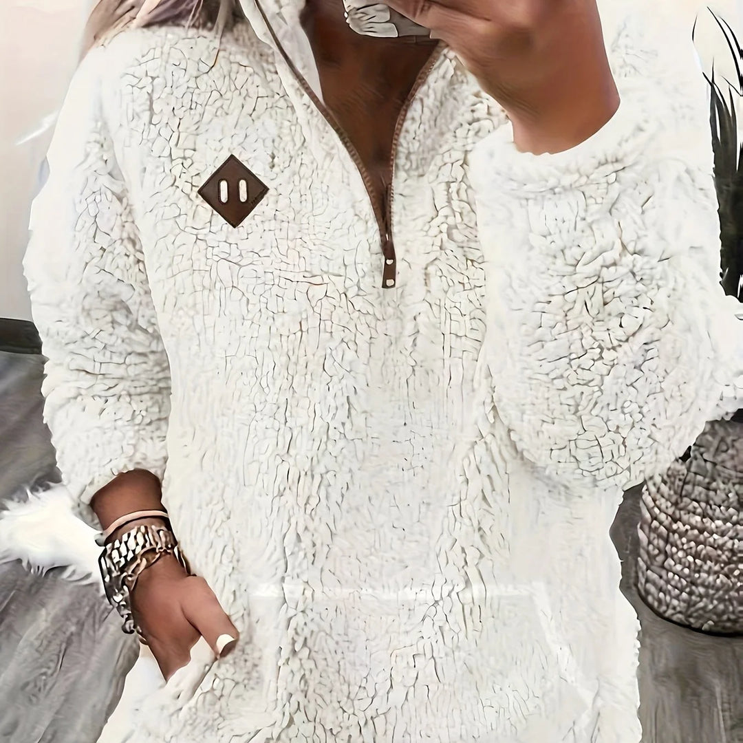 Women's winter fleece quarter zip sweater with half-zip closure in Milky