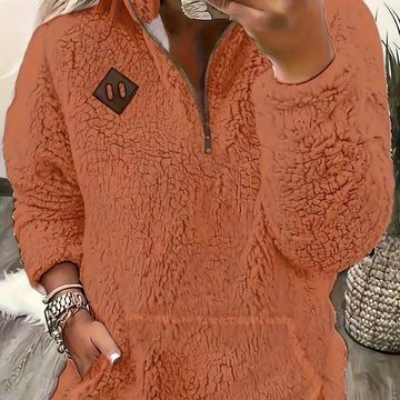 Women's winter fleece quarter zip sweater with half-zip closure in Orange Red