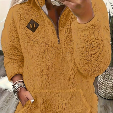 Women's winter fleece quarter zip sweater with half-zip closure in Orange Yellow