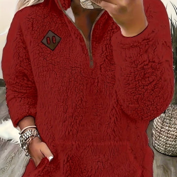 Women's winter fleece quarter zip sweater with half-zip closure in Red