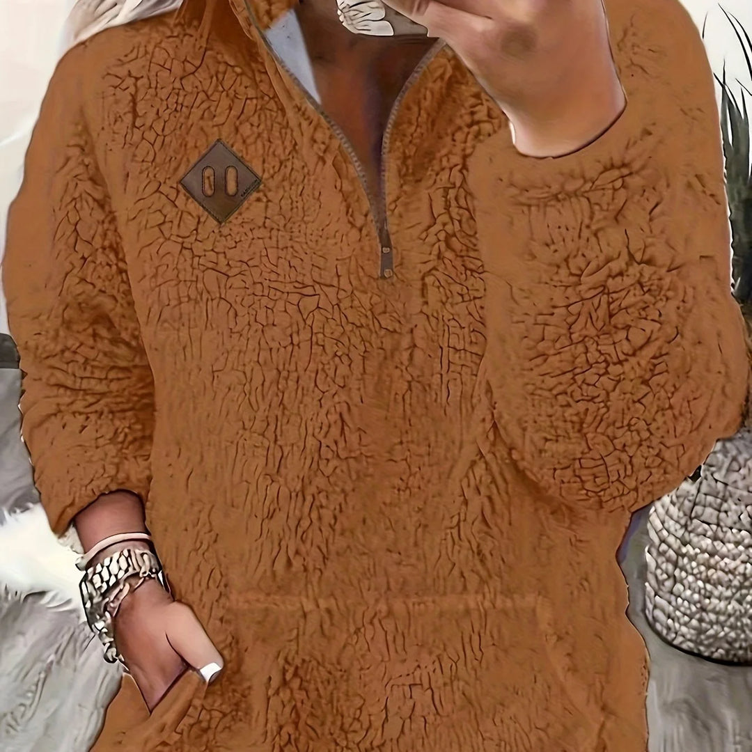 Women's winter fleece quarter zip sweater with half-zip closure in Yellowish Brown
