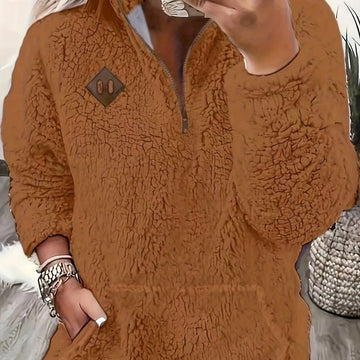 Women's winter fleece quarter zip sweater with half-zip closure in Yellowish Brown