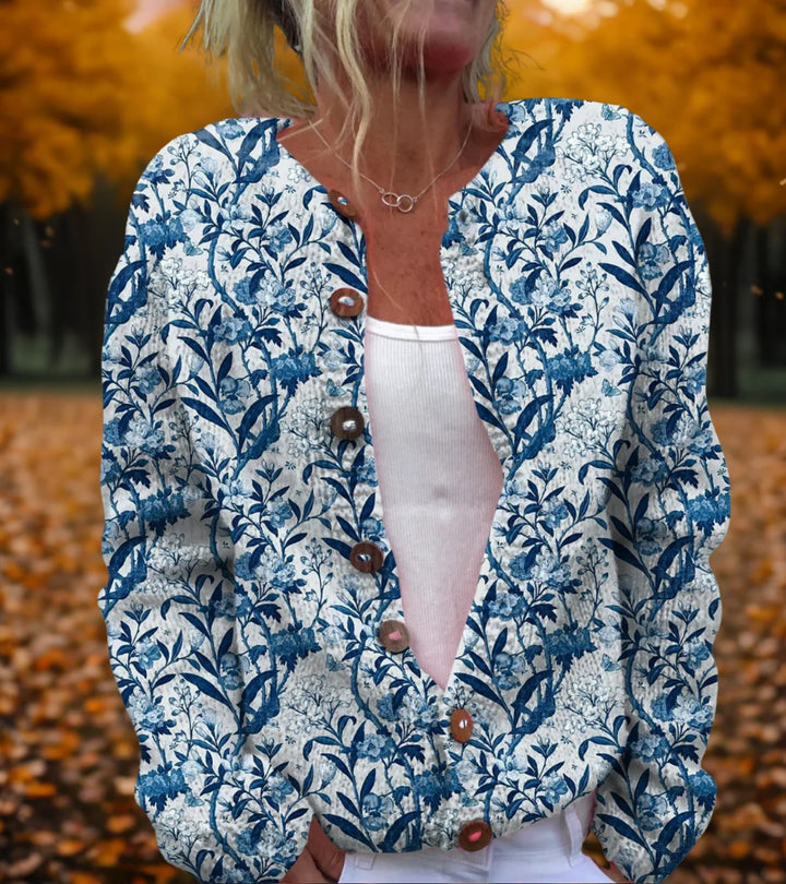 Floral Design Cardigan - BlueWhite
