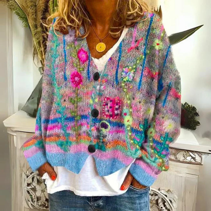 Women's multicolour embroidered floral V-neck knit winter cardigan sweater in Blue