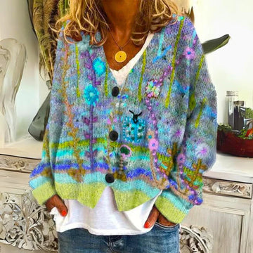 Women's multicolour embroidered floral V-neck knit winter cardigan sweater in Green