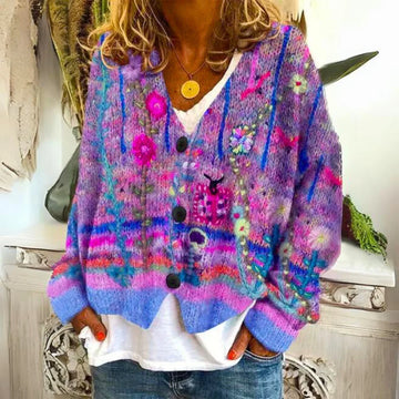 Women's multicolour embroidered floral V-neck knit winter cardigan sweater in Purple
