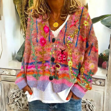 Women's multicolour embroidered floral V-neck knit winter cardigan sweater in Red