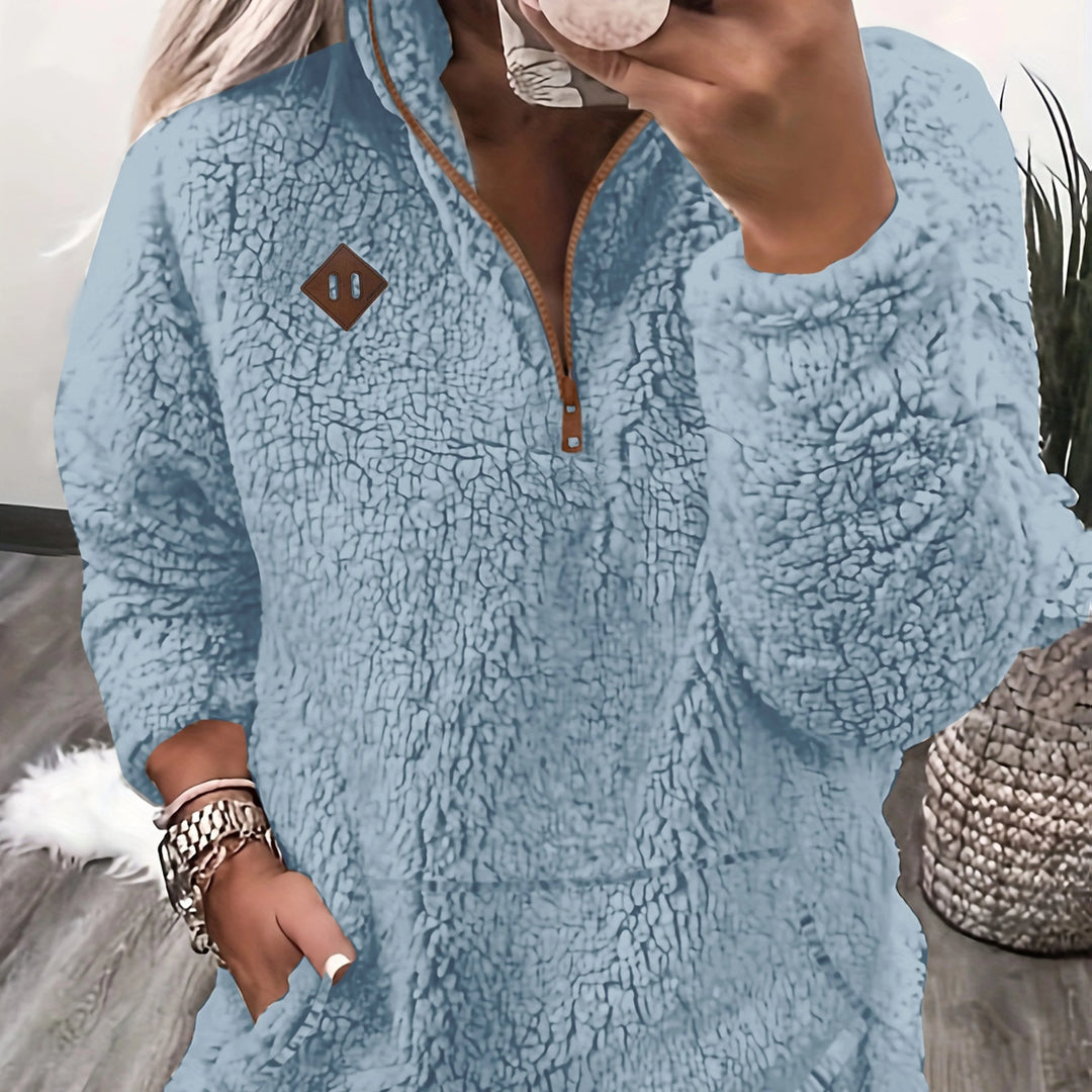 Women's fluffy half-zip winter pullover in Light Blue