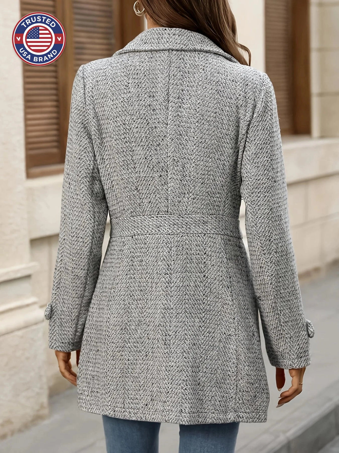 Women's cinched waist herringbone winter wool coat