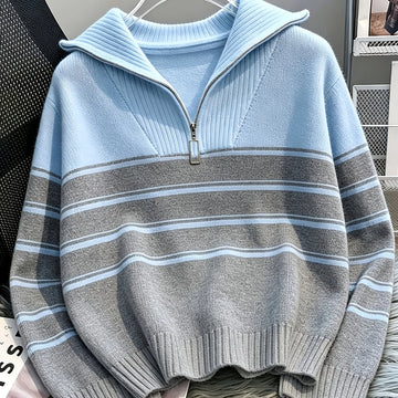 Women's striped winter quarter zip sweater in Beige and Black Stripes