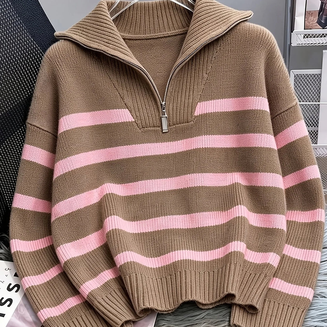 Women's striped winter quarter zip sweater in Blue Gray and Light Blue Stripes