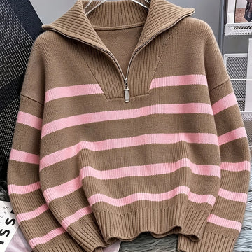Women's striped winter quarter zip sweater in Blue Gray and Light Blue Stripes