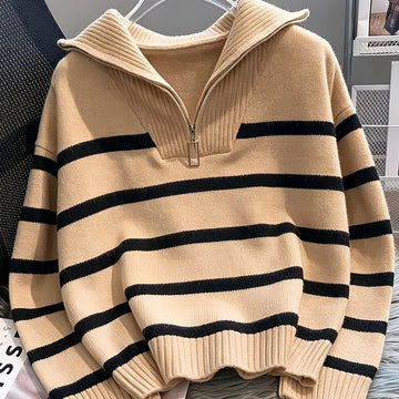 Women's striped winter quarter zip sweater in Gray and Light Blue Stripes