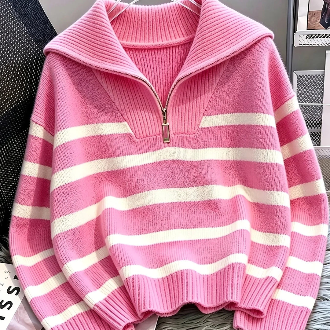 Women's striped winter quarter zip sweater in Pink and White Stripes