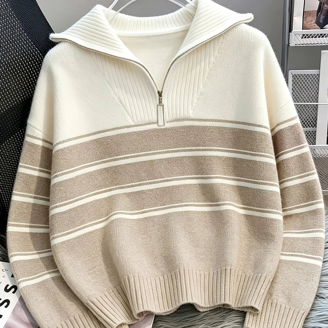 Women's striped winter quarter zip sweater in Stripe
