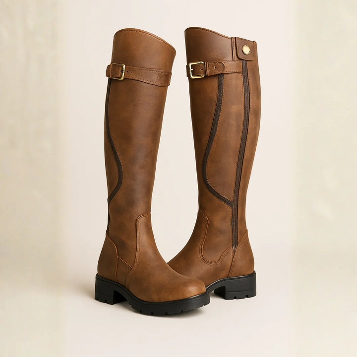 Women's faux leather side zip knee high winter boots with buckle strap - Brown
