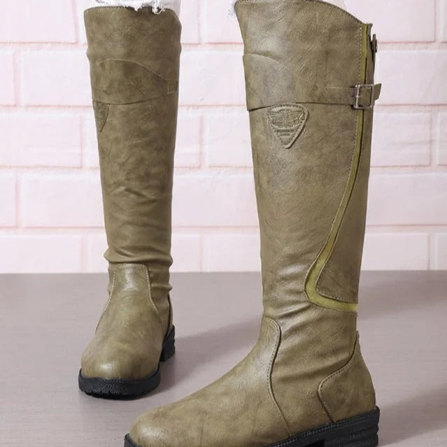 Women's faux leather side zip knee high winter boots with buckle strap - Brown