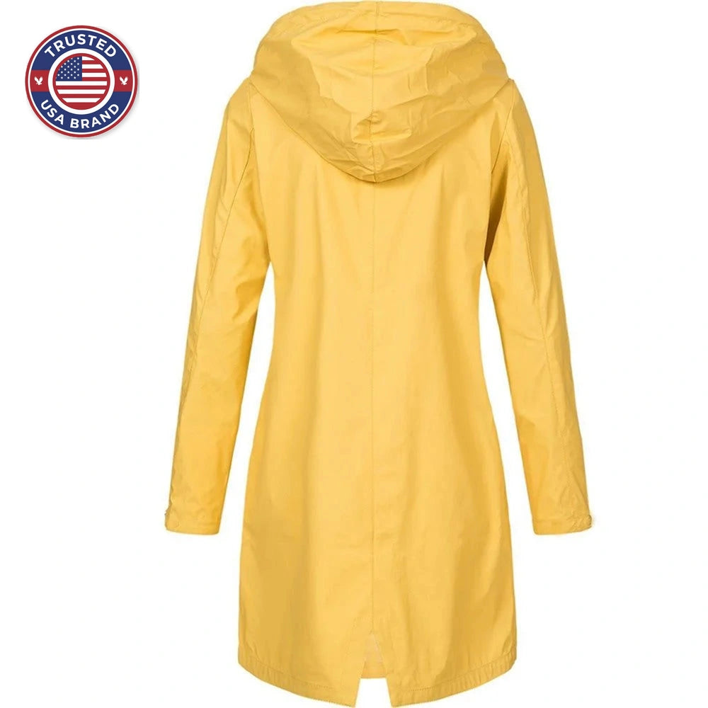 Women's hooded A-line longline winter rain jacket