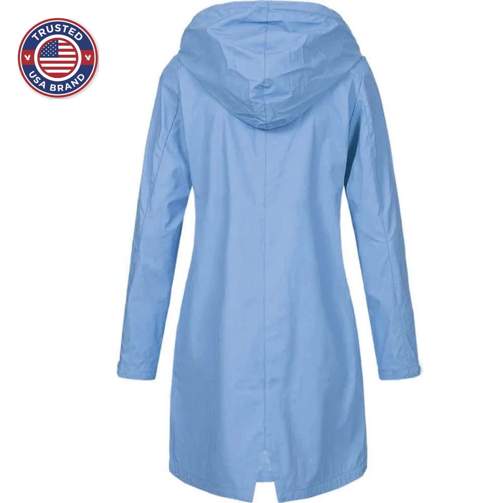 Women's hooded A-line longline winter rain jacket