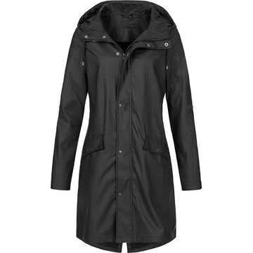 Women's hooded A-line longline winter rain jacket in Black