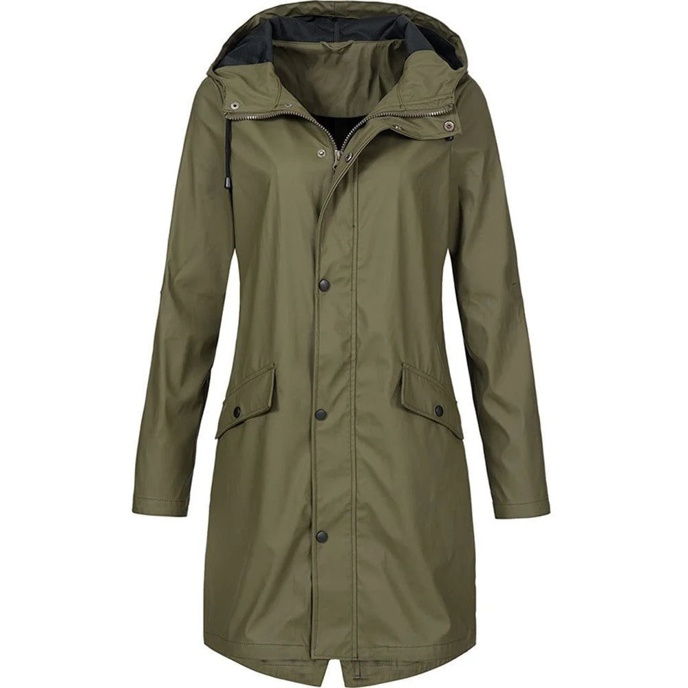 Women's hooded A-line longline winter rain jacket in Dark Green