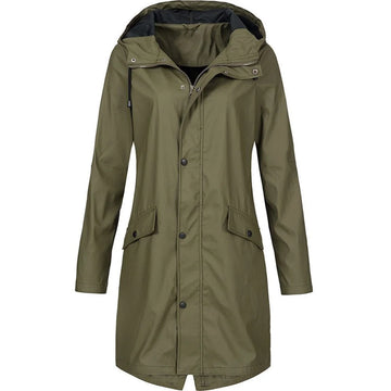 Women's hooded A-line longline winter rain jacket in Dark Green