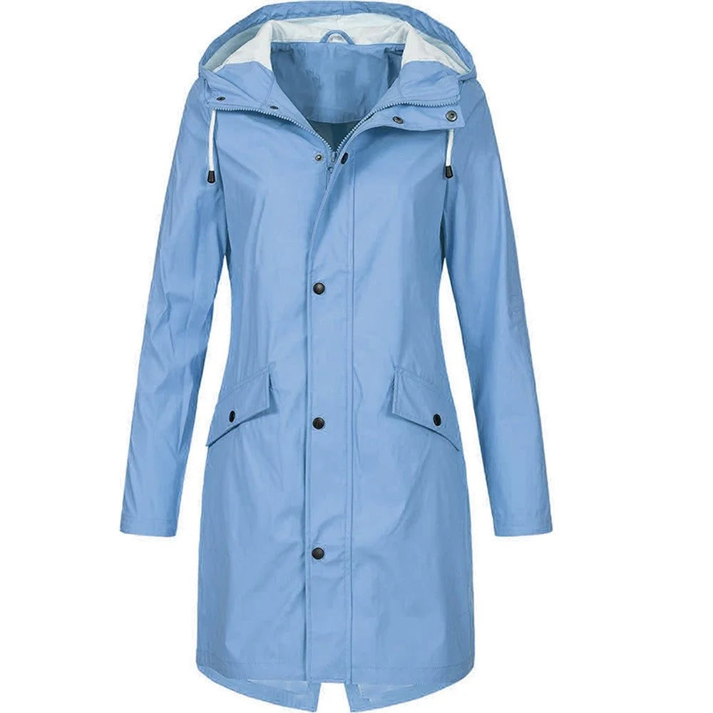 Women's hooded A-line longline winter rain jacket in Light Blue