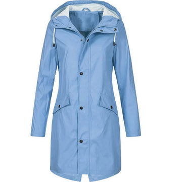 Women's hooded A-line longline winter rain jacket in Light Blue