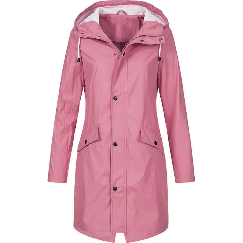 Women's hooded A-line longline winter rain jacket in Pink