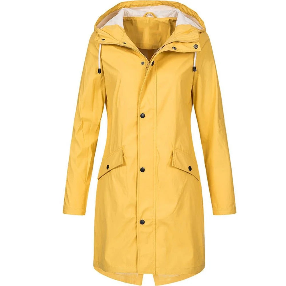 Women's hooded A-line longline winter rain jacket in Yellow