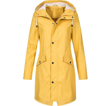 Women's hooded A-line longline winter rain jacket in Yellow