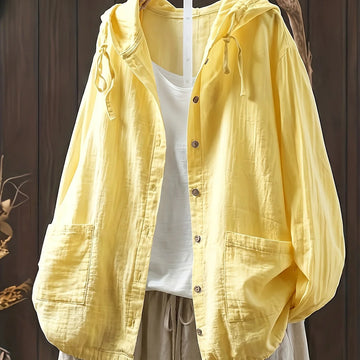 Women's hooded button-up winter puffer jacket in Goose Yellow