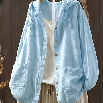 Women's hooded button-up winter puffer jacket in Light Blue