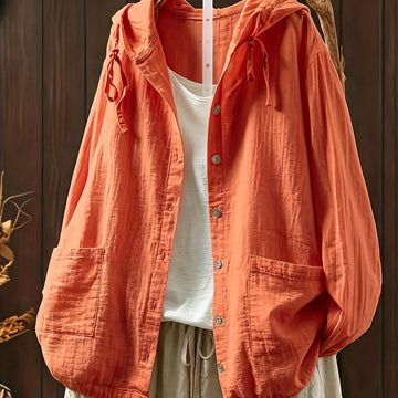 Women's hooded button-up winter puffer jacket in Red Orange