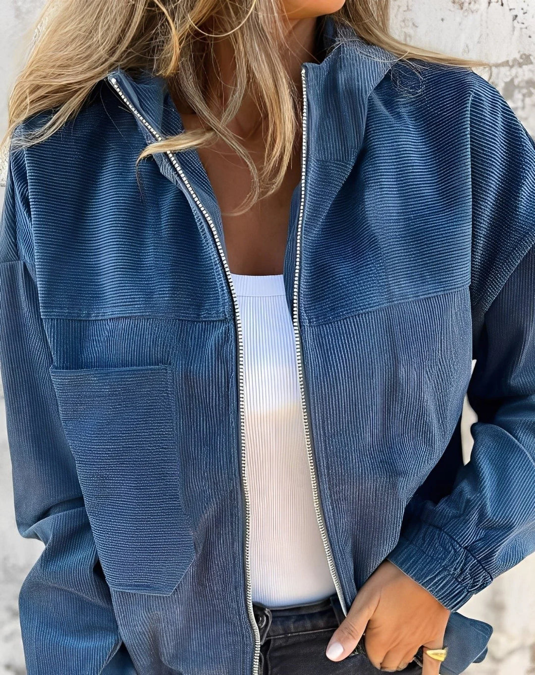 Women's hooded zip-front corduroy winter bomber jacket in Blue