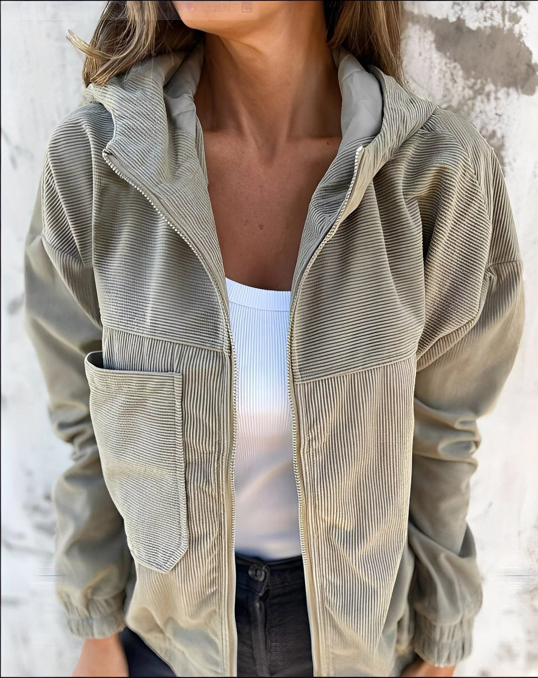 Women's hooded zip-front corduroy winter bomber jacket in Khaki