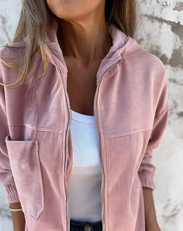 Women's hooded zip-front corduroy winter bomber jacket in Pink