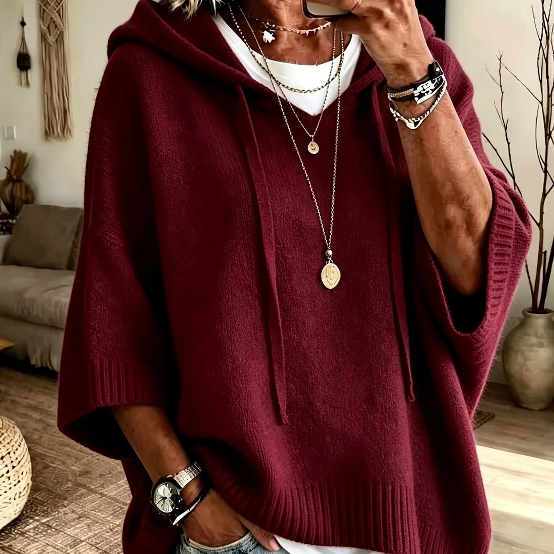 Women's comfy knit winter hoodie with sleeves in Red