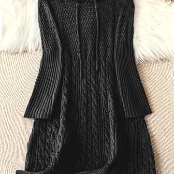 Women's hooded winter sweater dress with long sleeves in Black