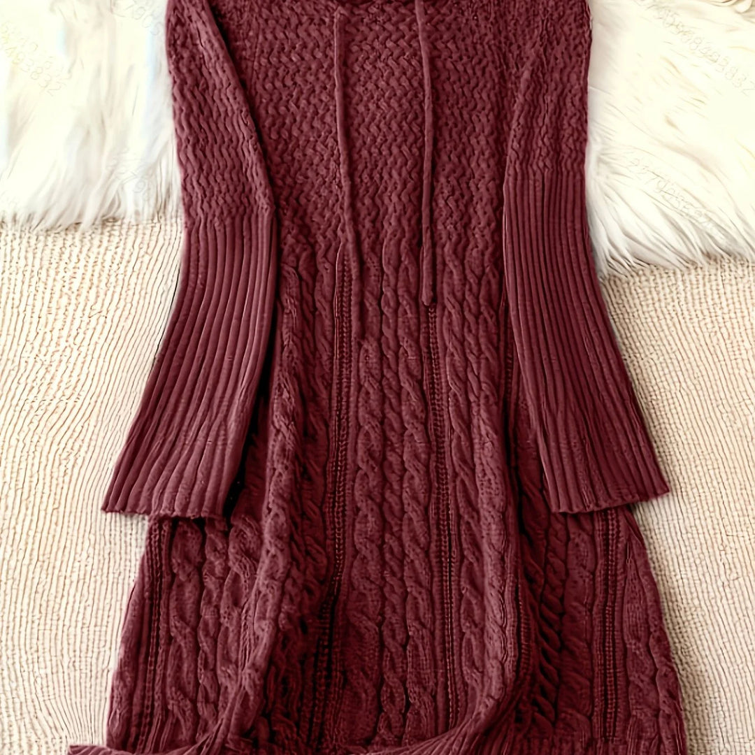 Women's hooded winter sweater dress with long sleeves in Burgundy