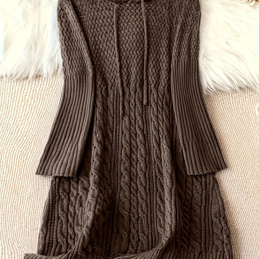 Women's hooded winter sweater dress with long sleeves in Coffee Brown
