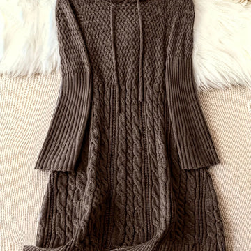 Women's hooded winter sweater dress with long sleeves in Coffee Brown