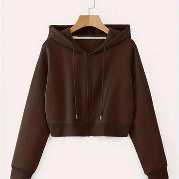 Women's comfy zip-up winter hoodie with drawstrings in Brown