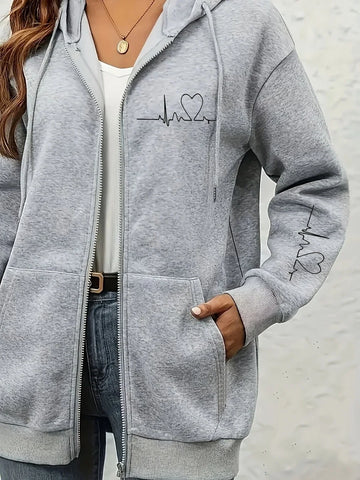 Women's comfy zip-up print winter hoodie with zip-up closure in Grey