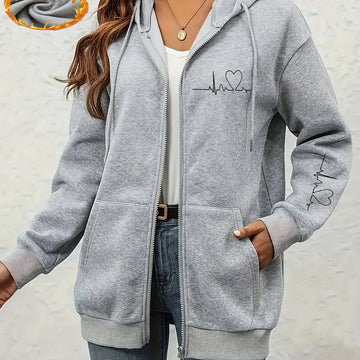 Women's comfy zip-up print winter hoodie with zip-up closure in Grey