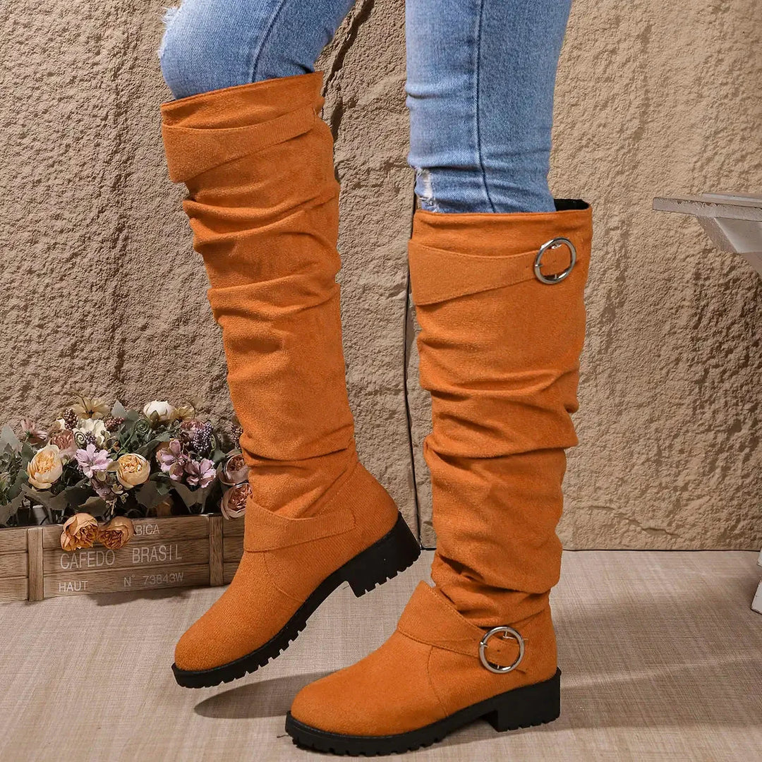 Women's suede side zip knee high winter boots with slouchy shaft - Black