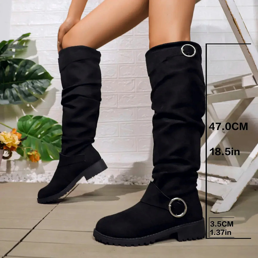 Women's suede side zip knee high winter boots with slouchy shaft - Black