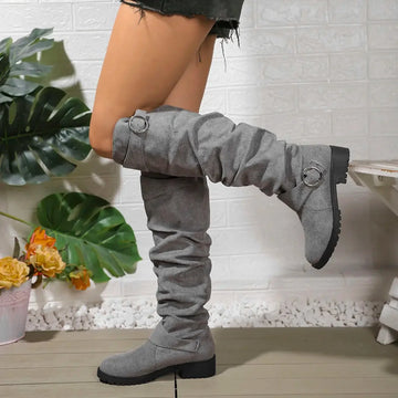 Women's suede side zip knee high winter boots with slouchy shaft - Black