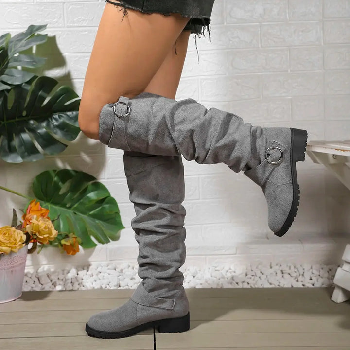 Women's suede side zip knee high winter boots with slouchy shaft - Black